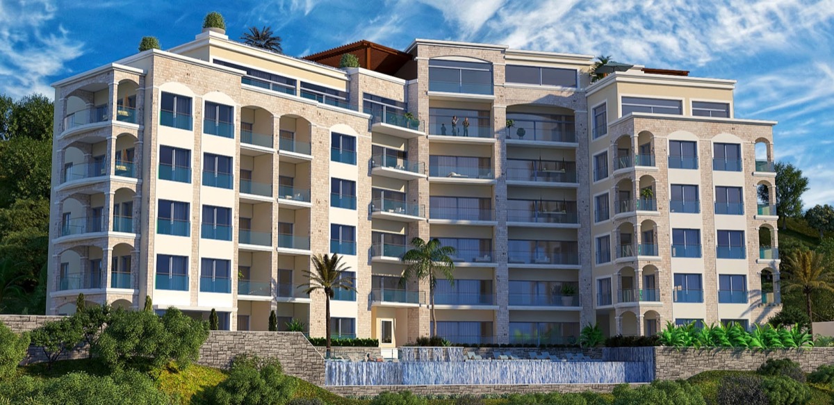 Karadağ, Budva Rivierası, Bečići’de havuzlu ve teraslı modern MonteDreams konut kompleksi.