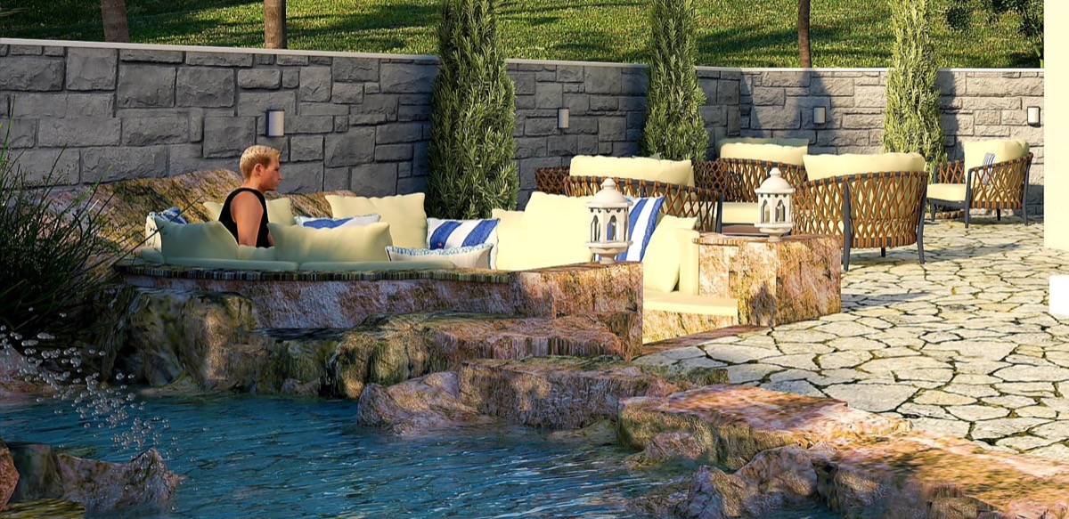 MonteDreams konut kompleksinde göletli ve hasır mobilyalı dinlenme alanı, Bečići, Budva Rivierası, Karadağ.