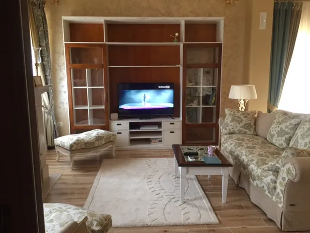 Przytulny salon z miękkimi meblami i strefą TV w domu na sprzedaż w Zelenice, Czarnogóra. Jasne wnętrze z dywanem.