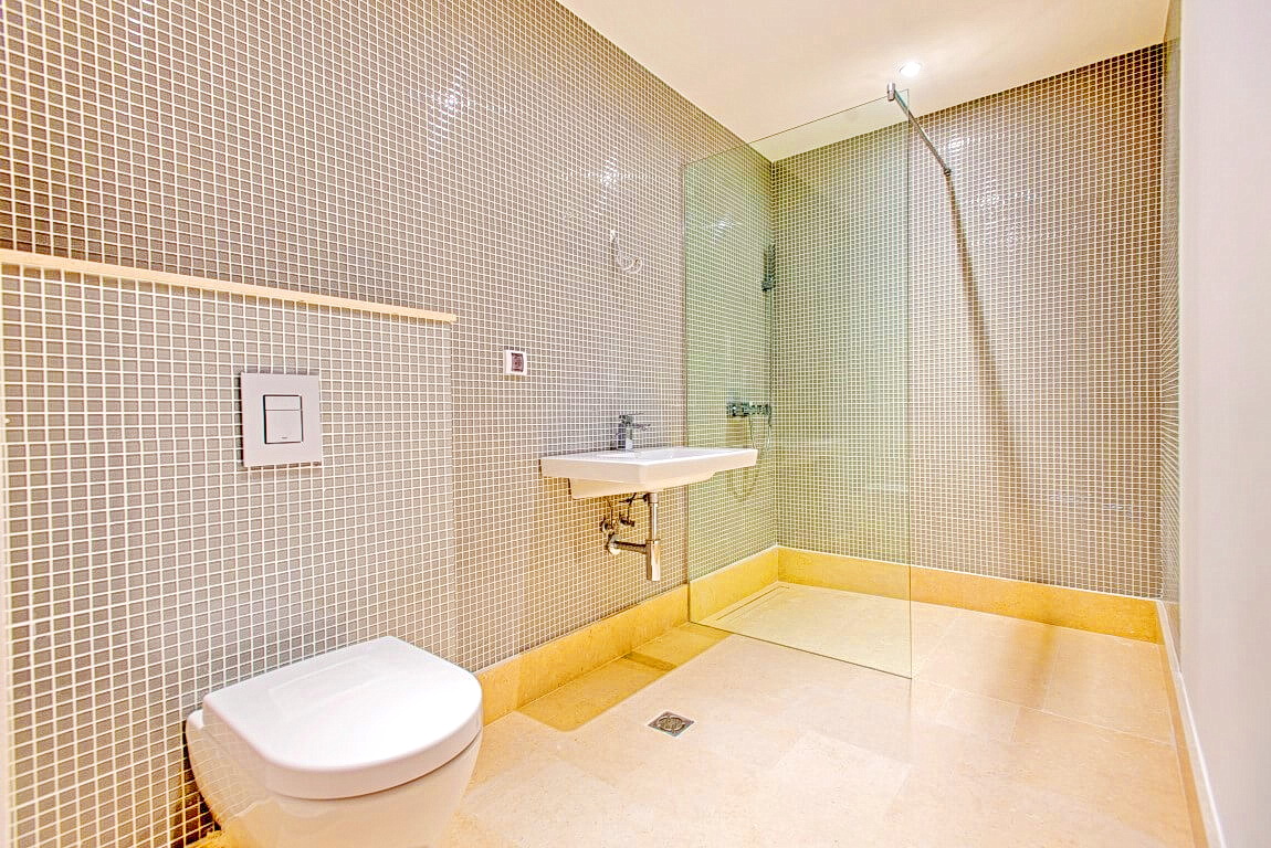 Karadağ, Rafailovići’deki bir dairede modern banyo: duş kabini, mozaik fayans ve sıhhi tesisat.
