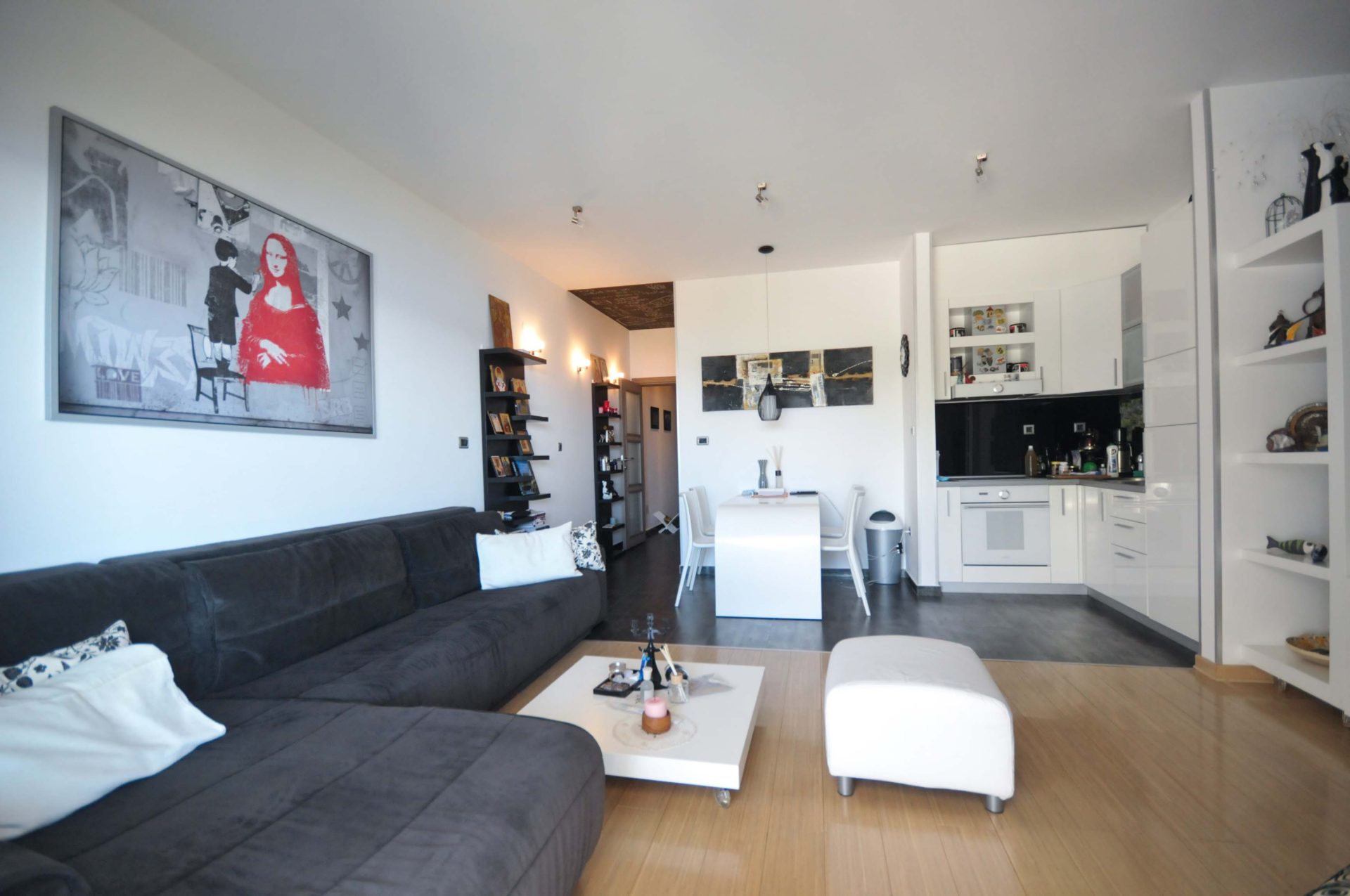 Modernes Wohnzimmer mit Küche in einer Wohnung in Pržno, Montenegro: dunkles Sofa, weiße Möbel und stilvolle Inneneinrichtung.