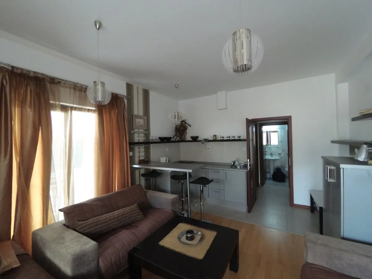 Wohnzimmer mit Küche und Bar in einer Wohnung in Budva, Montenegro: modernes Interieur, weiche Möbel und Blick auf das Badezimmer.