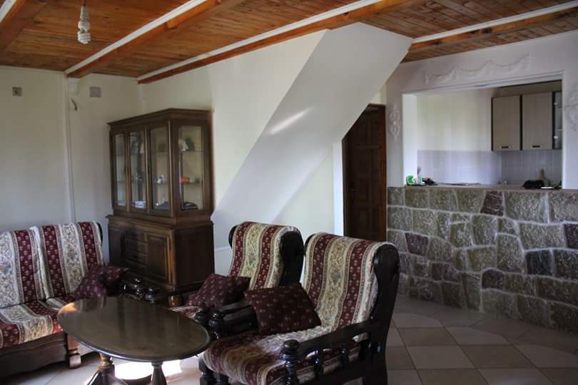Salon dans une maison à Sutomore, Monténégro : plafond en bois, mobilier classique et bar en pierre naturelle.