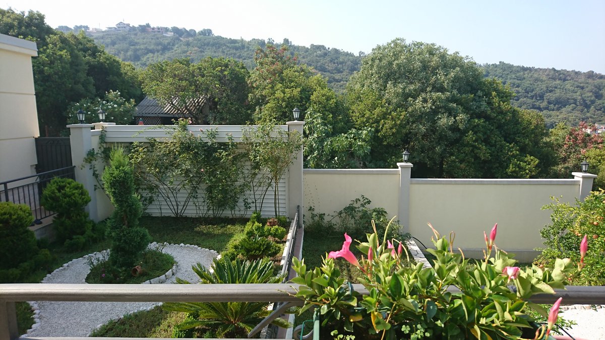 Blick vom Balkon der Villa in Utjeha, Montenegro: gepflegter Garten mit Landschaftsgestaltung, Zierpflanzen und Bergen.
