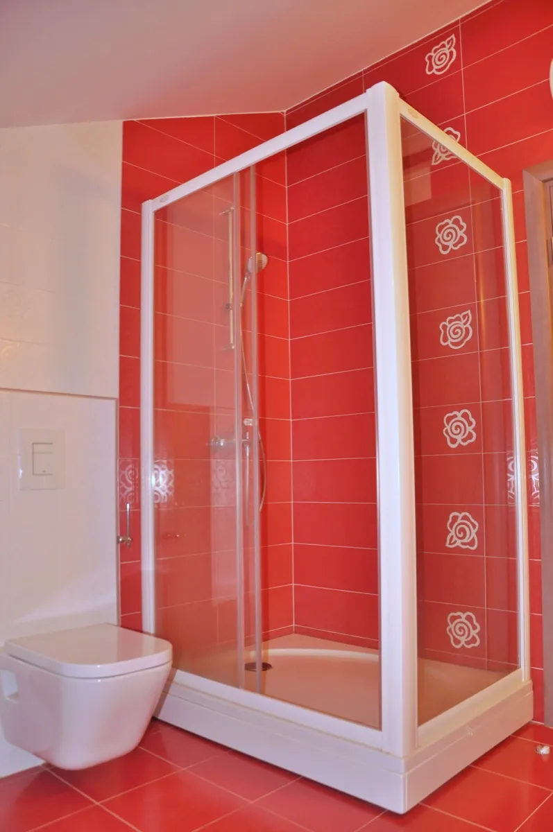 Cabine de douche avec carreaux rouges et cadre blanc, et WC mural blanc dans la salle de bain.