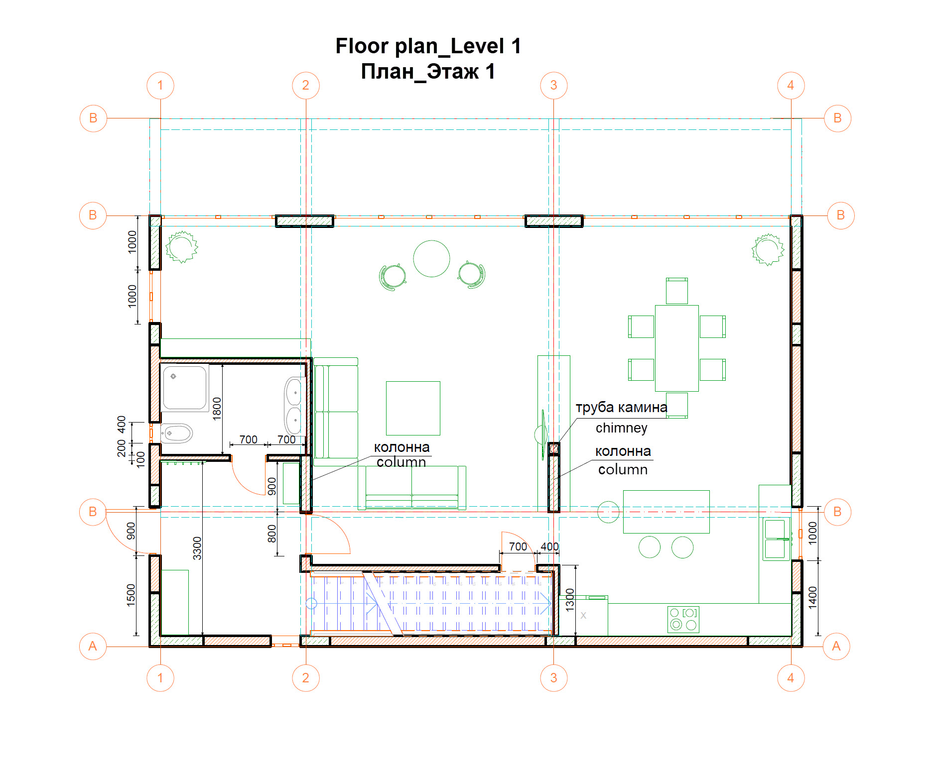 Architectural floor plan of the first level of a house