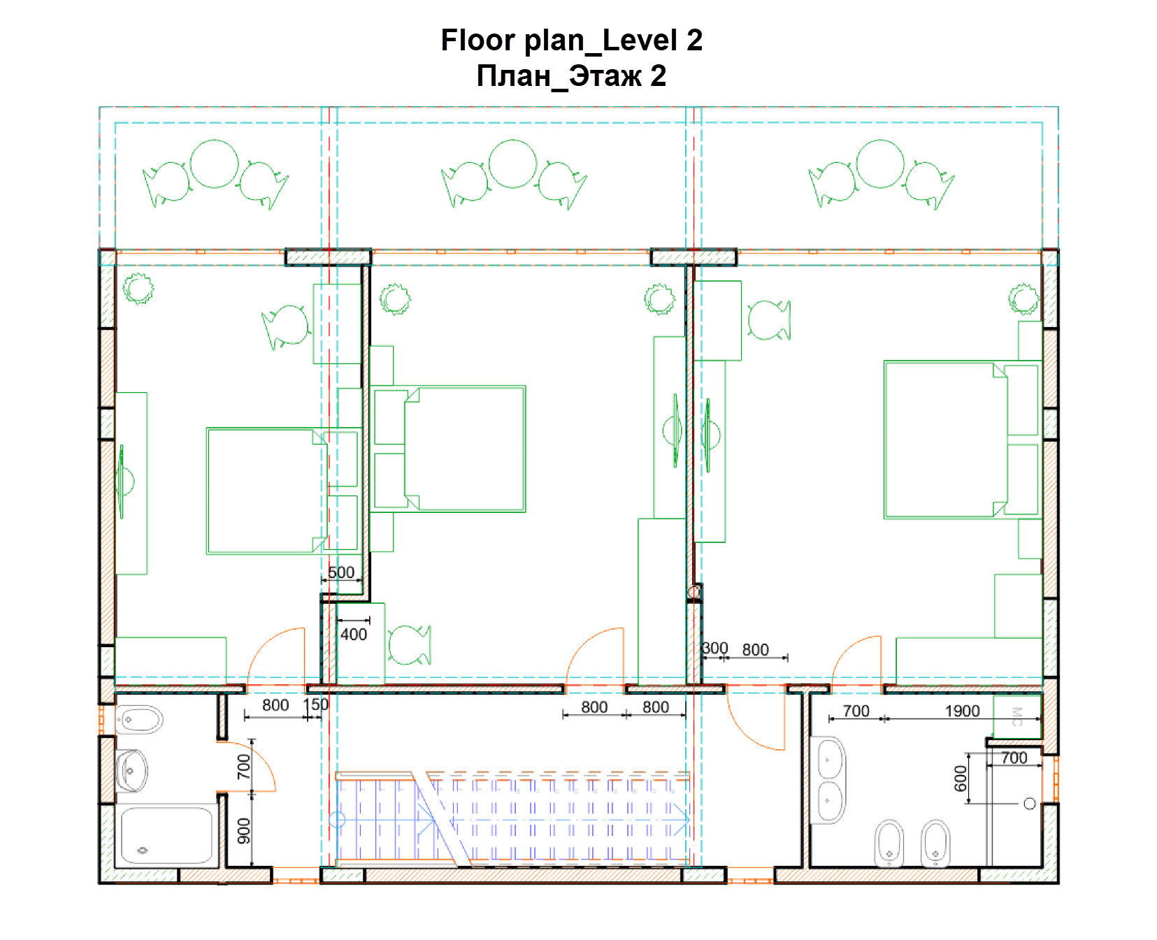 Floor plan of level two showing rooms and furniture layout