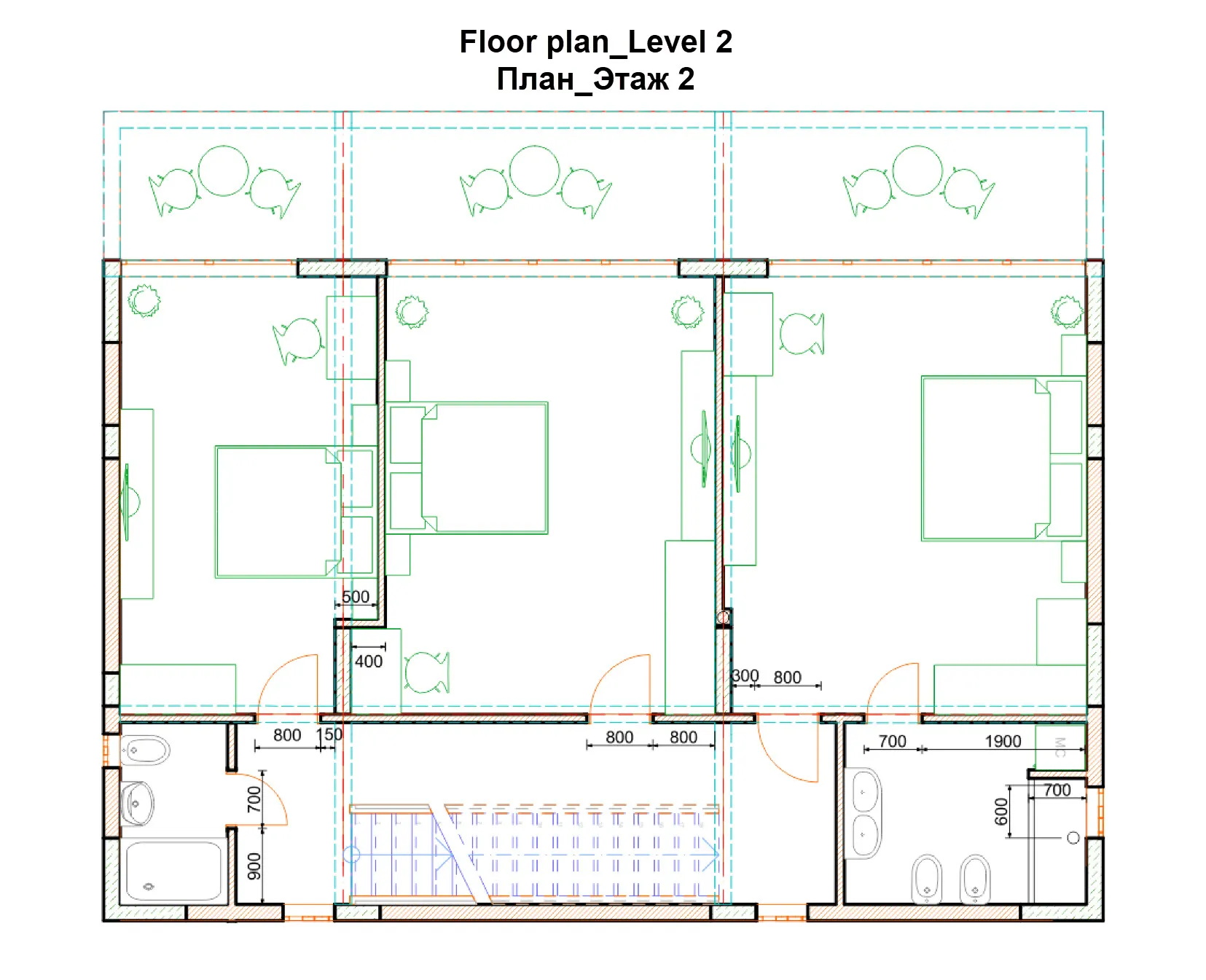 Grundriss der zweiten Etage mit Zimmern und Möbeln