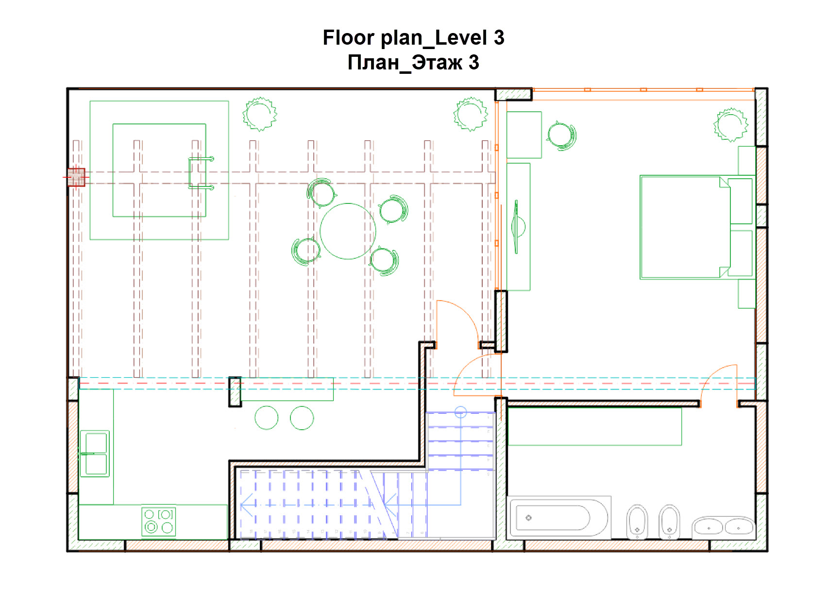 Floor plan level 3: bedroom, bathroom, kitchen, terrace