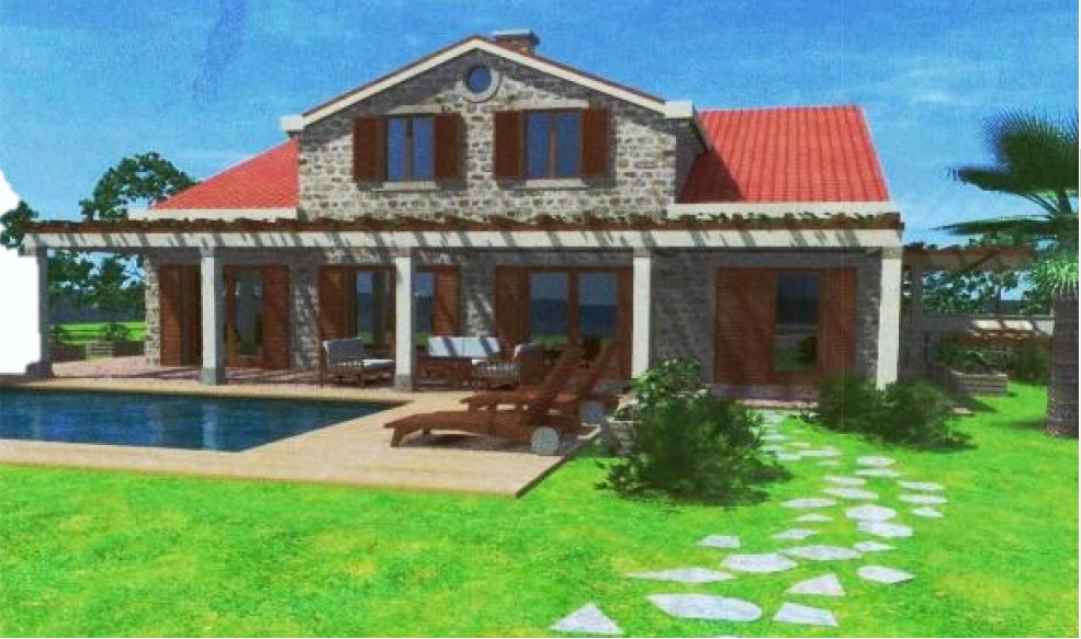 Projet de villa en pierre avec piscine et terrasse à Đenovići, Monténégro : extérieur de la maison avec toit en tuiles rouges.