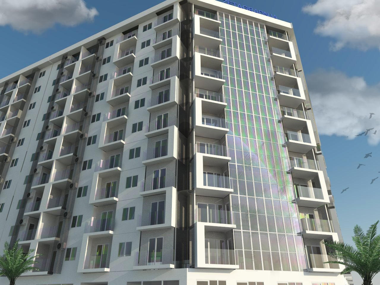 Karadağ, Bar şehrinde panoramik cam cepheli ve balkonlu modern konut kompleksi. Binanın cephesinin görünümü.