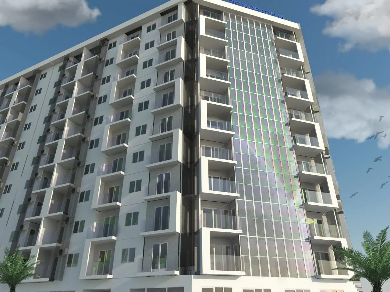 Außenansicht eines modernen mehrstöckigen Wohngebäudes mit Balkonen und Glasfassade.