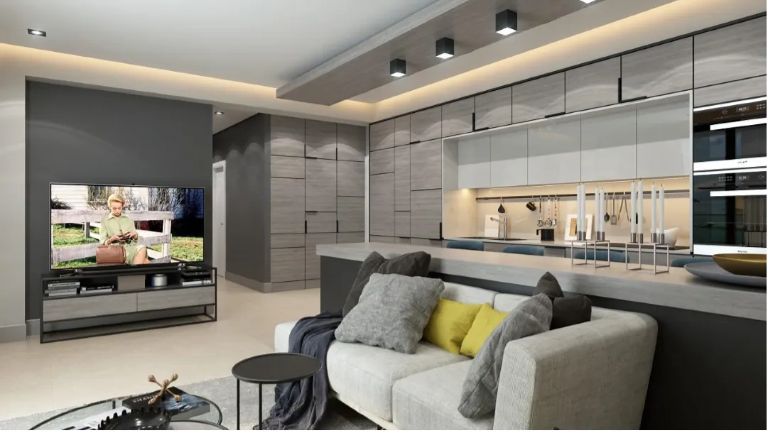Modernes Wohnzimmer mit Küche im Wohnkomplex Rafailovići, Bečići, Montenegro: stilvolles Interieur, graue Möbel und TV-Bereich.