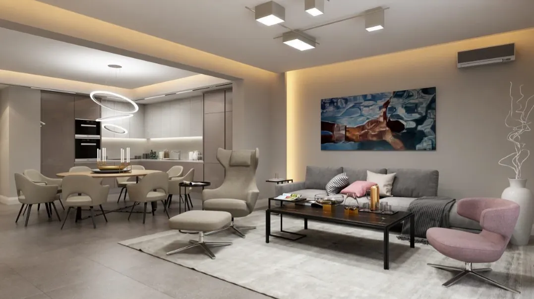 Modernes Wohnzimmer mit Küche im Wohnkomplex Rafailovići, Bečići, Montenegro: stilvolle Möbel, sanftes Licht und Designer-Dekor.