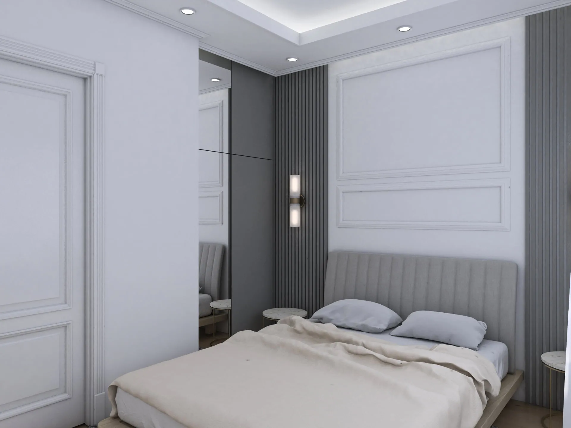 Modernes Schlafzimmer in der Wohnanlage Bečići, Montenegro: stilvolles Interieur mit Lamellenpaneelen, Spiegel und gepolstertem Kopfteil.