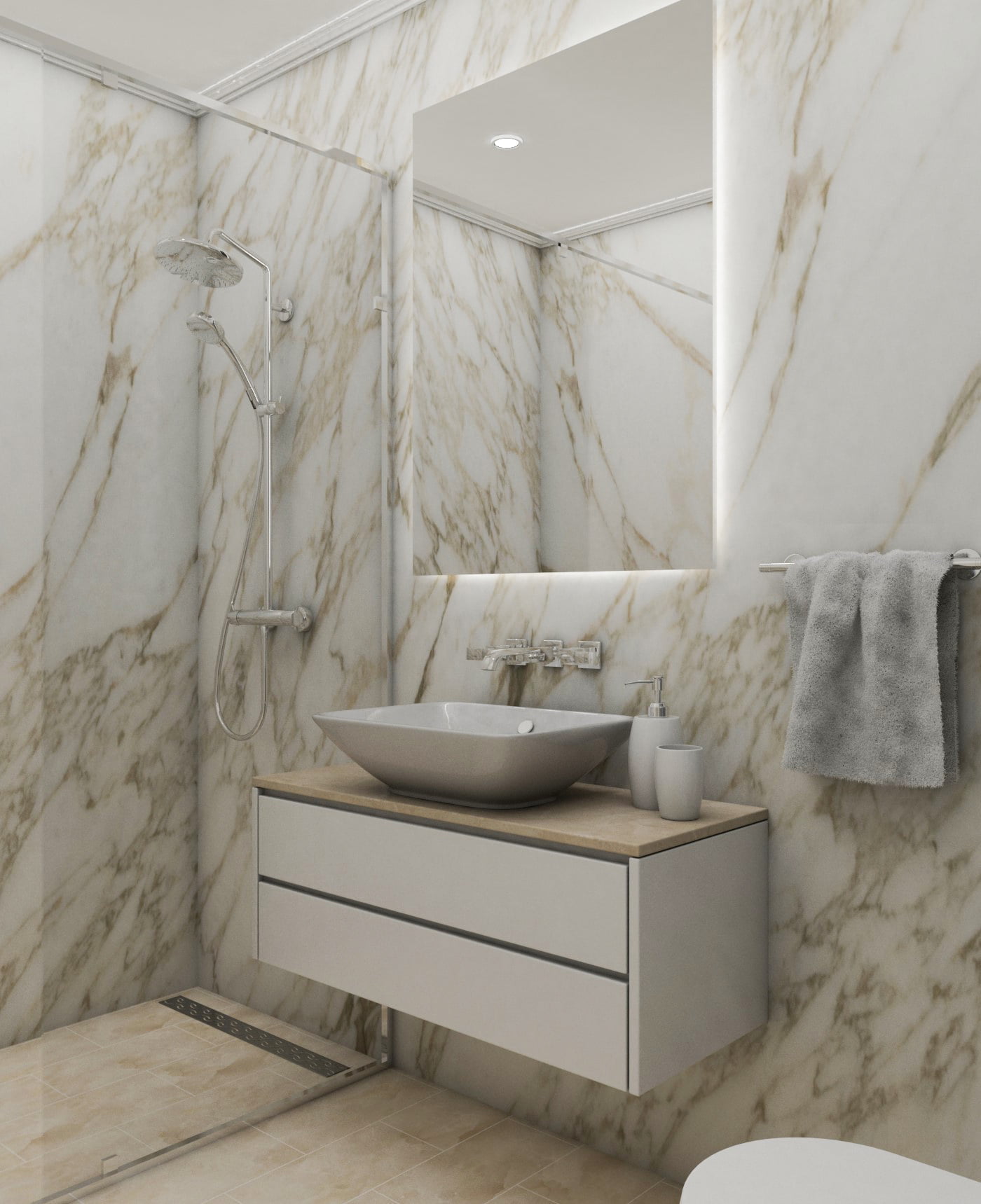 Becici’de, Budva Rivierası, Karadağ’daki konut kompleksinde mermer görünümlü kaplamaya sahip modern banyo: duş ve duvara monte lavabo dolabı.