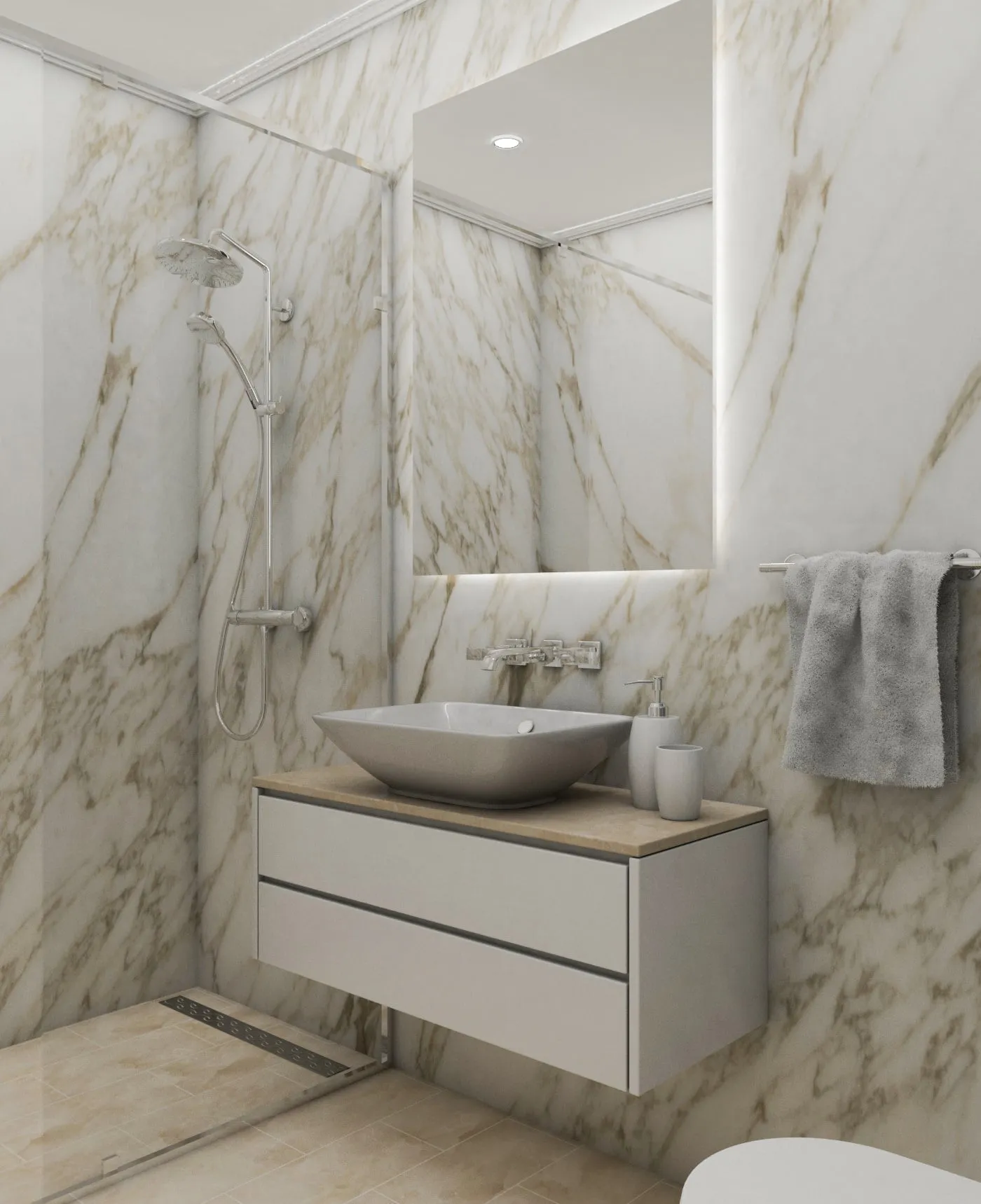 Modernes Badezimmer mit Marmoroptik in der Wohnanlage Bečići, Budva-Riviera, Montenegro: Dusche und hängender Waschtisch.