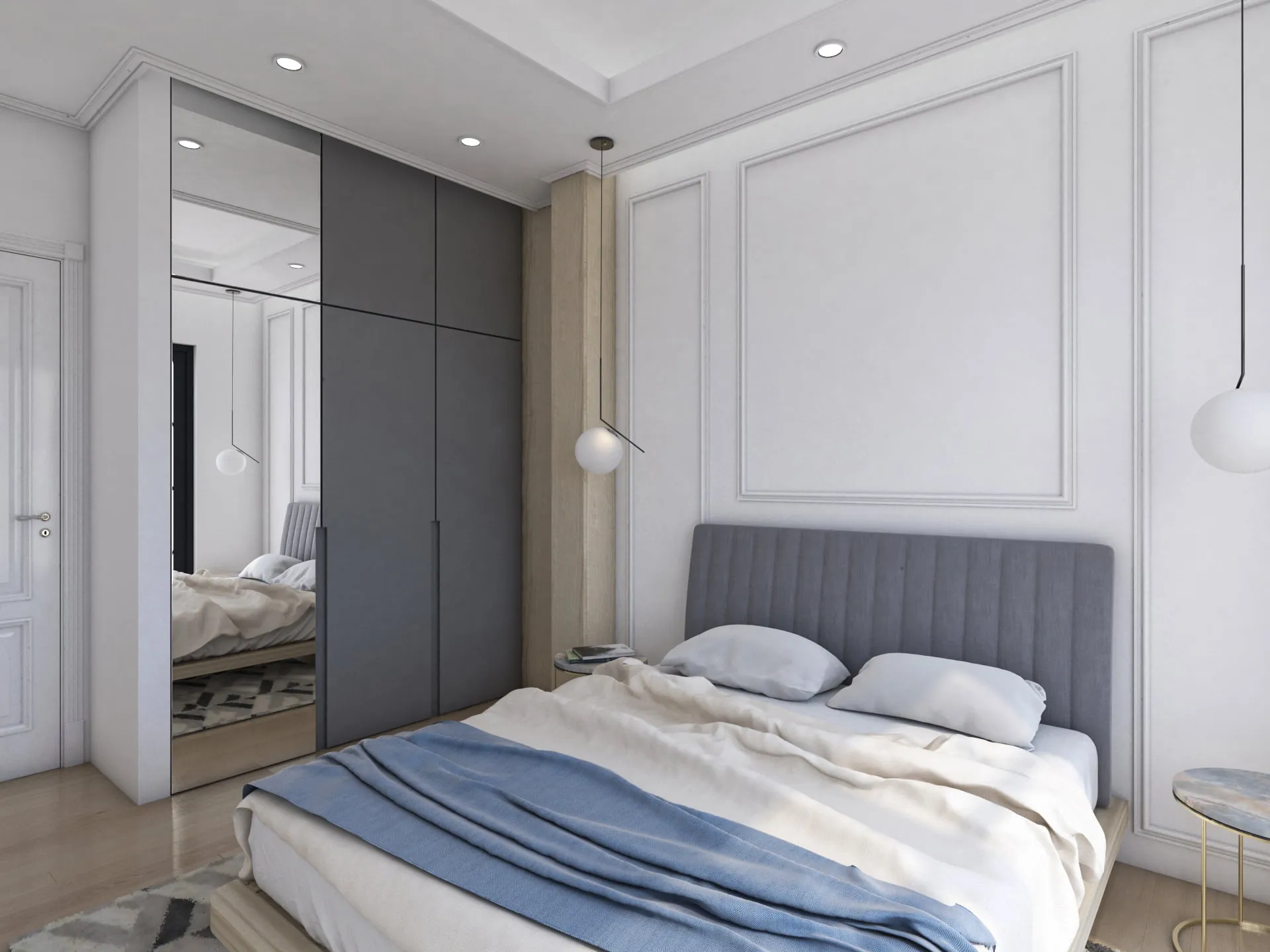 Modernes Schlafzimmer in der Wohnanlage Bečići, Montenegro: Doppelbett, grauer Kleiderschrank mit Spiegel und stilvolle Pendelleuchten.