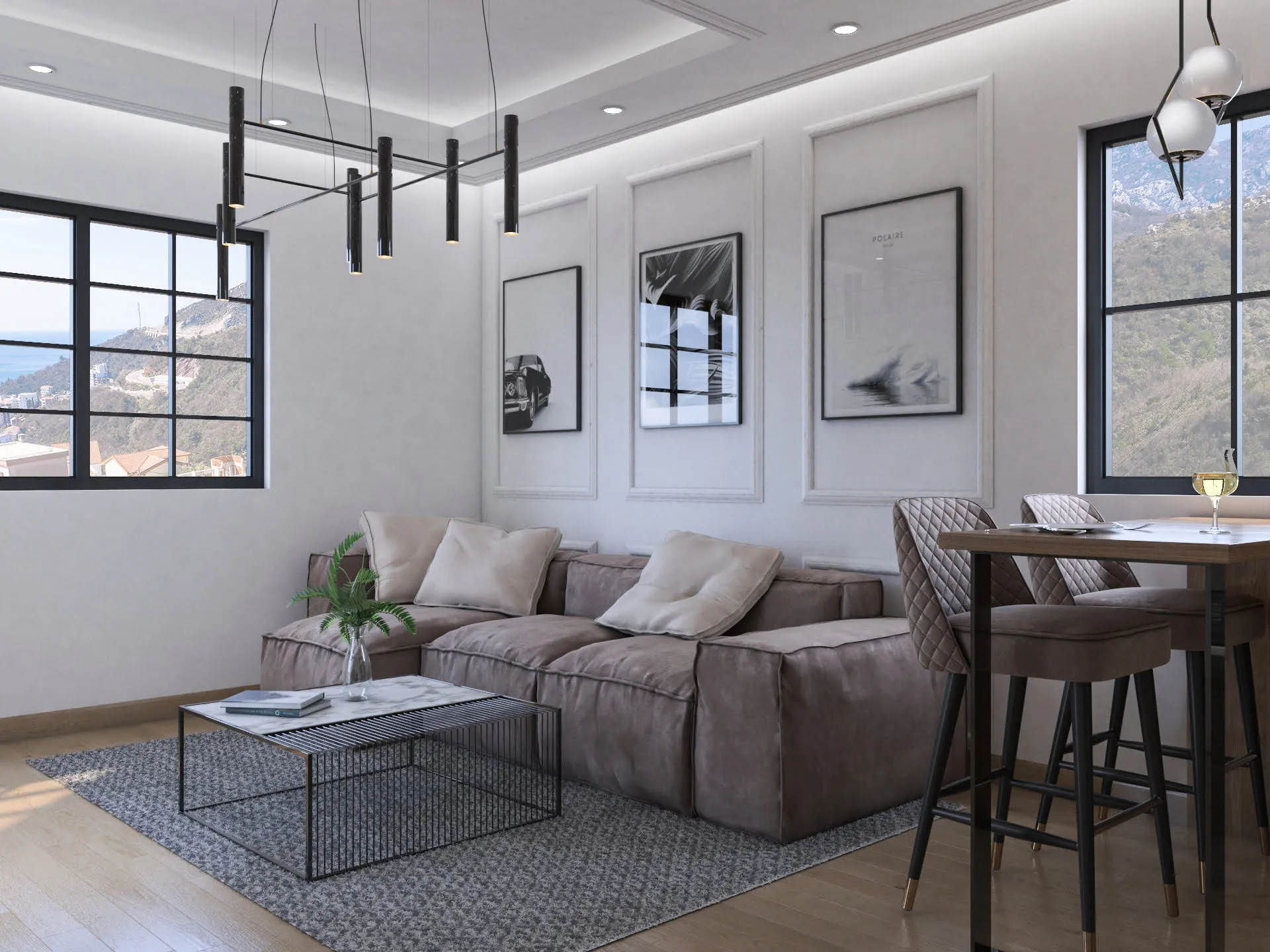 Modernes Wohnzimmer in der Wohnanlage Bečići, Montenegro: ein gemütliches Sofa, Designerbeleuchtung und Meer- und Bergblick aus den Fenstern.