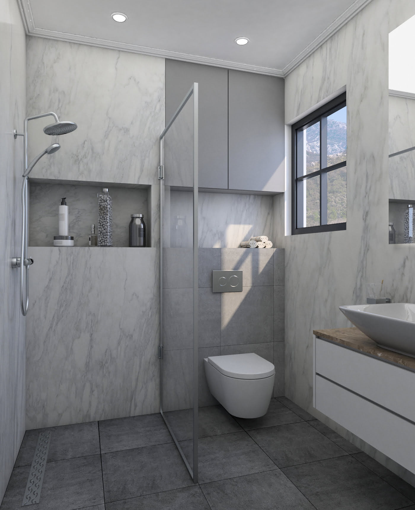 Karadağ, Bečići’deki konut kompleksinde modern banyo: mermer kaplama, duş kabini ve pencereden dağ manzarası.
