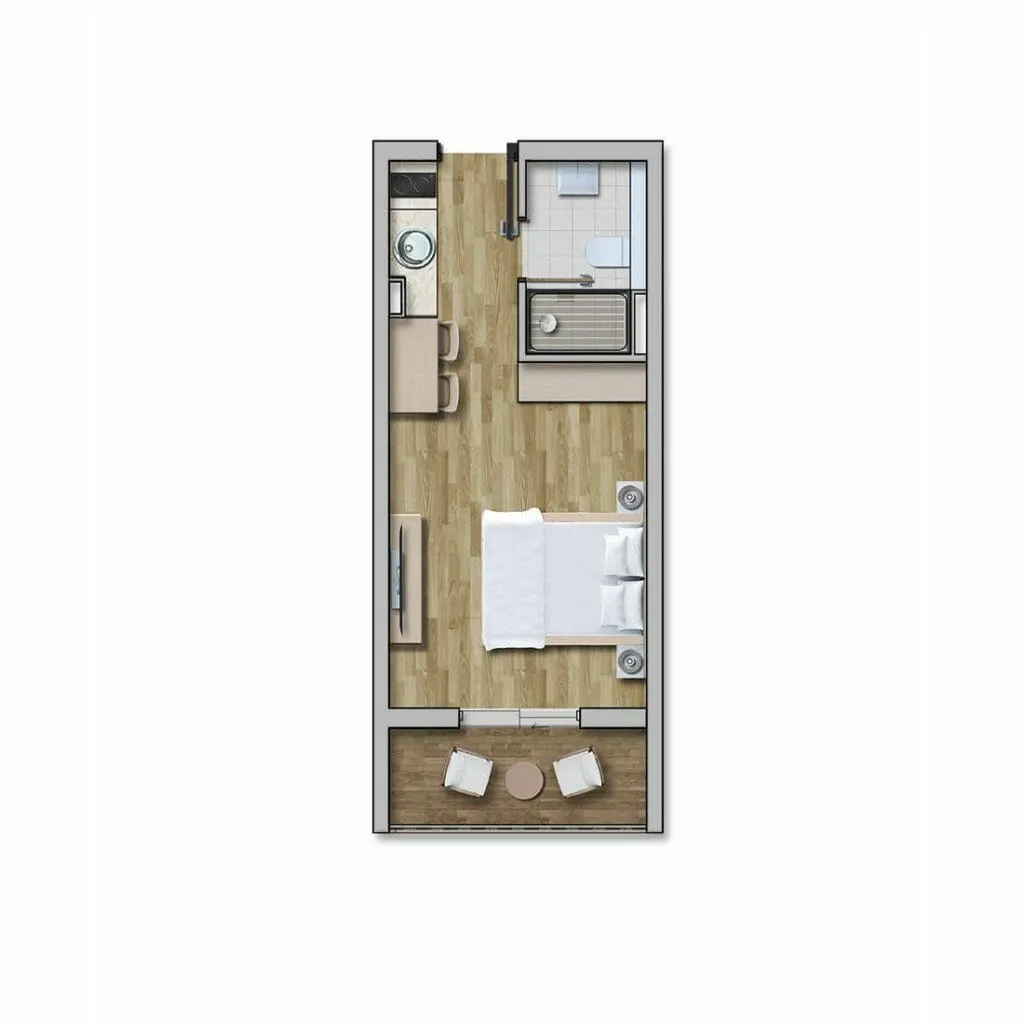 Grundriss eines kleinen Hotelzimmers mit Bad, Bett und Balkon.