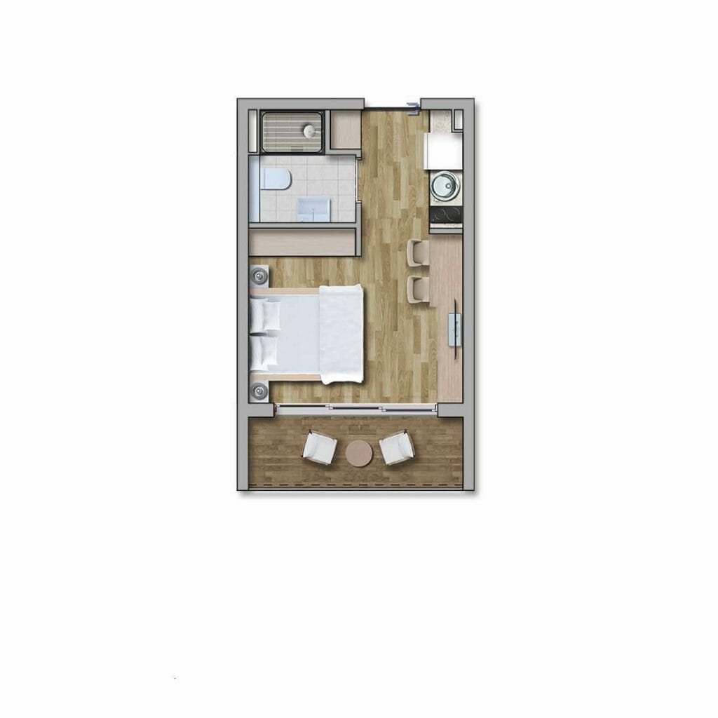 Studio layout in the Kavač residential complex, Montenegro: bedroom, kitchen, bathroom, and a terrace with lounge furniture.