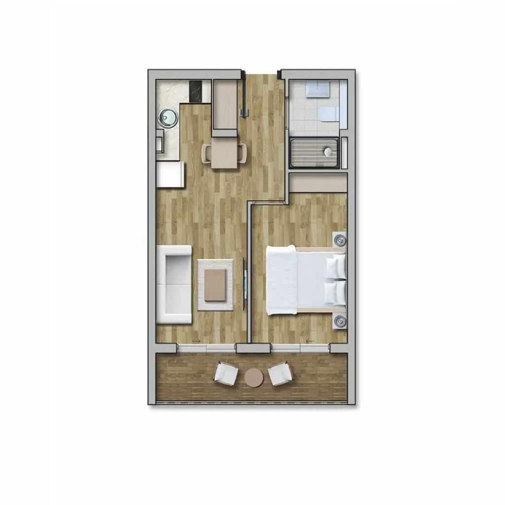 Architektonischer Grundriss einer kleinen Wohnung mit Möbeln und Balkon.