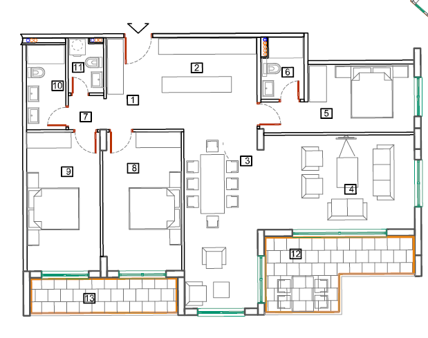 Karadağ, Bečići’deki dairenin planı: 3 yatak odası, oturma odası, yemek alanı, 3 banyo ve iki teras.