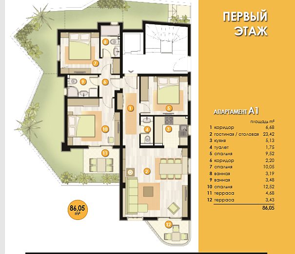 Karadağ, Bečići’deki konut kompleksinde üç yatak odalı 86 m2 dairenin planı: teraslı kat planı.