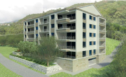 Karadağ, Bečići’de balkonlu modern konut kompleksi: dağ eteklerinde çok daireli bir bina projesi.