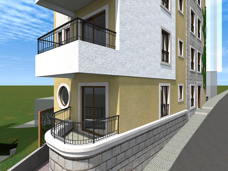 Karadağ, Bečići’de modern bir konut kompleksinin cephesi: taş kaplama, ferforje korkuluklu balkonlar ve panoramik pencereler.
