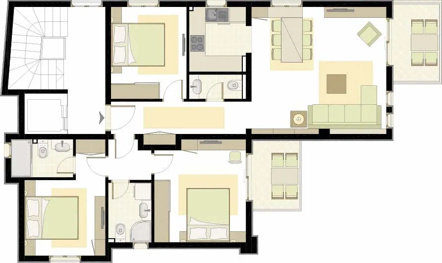 Grundriss mit mehreren Schlafzimmern, Wohnzimmer, Küche und Badezimmern