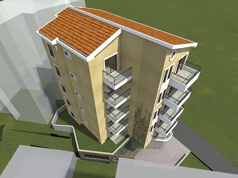 Bečići, Karadağ’daki konut kompleksinin 3D görselleştirmesi: balkonları ve kiremit çatısı olan modern bina.