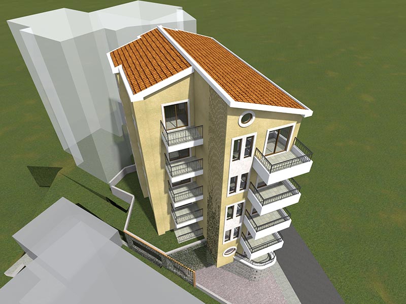 Karadağ, Bečići’deki konut kompleksinin 3D görselleştirmesi: balkonlu ve kiremit çatılı çok katlı bina.
