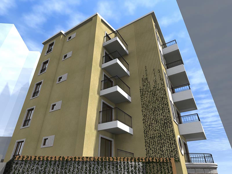 Karadağ, Bečići’de modern bir konut kompleksinin cephesi: balkonları ve peyzaj öğeleri olan çok katlı bina.