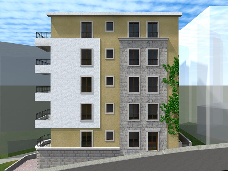 Bečići, Karadağ’daki konut kompleksinin 3D görselleştirmesi: taş kaplamalı ve balkonlu modern bina.