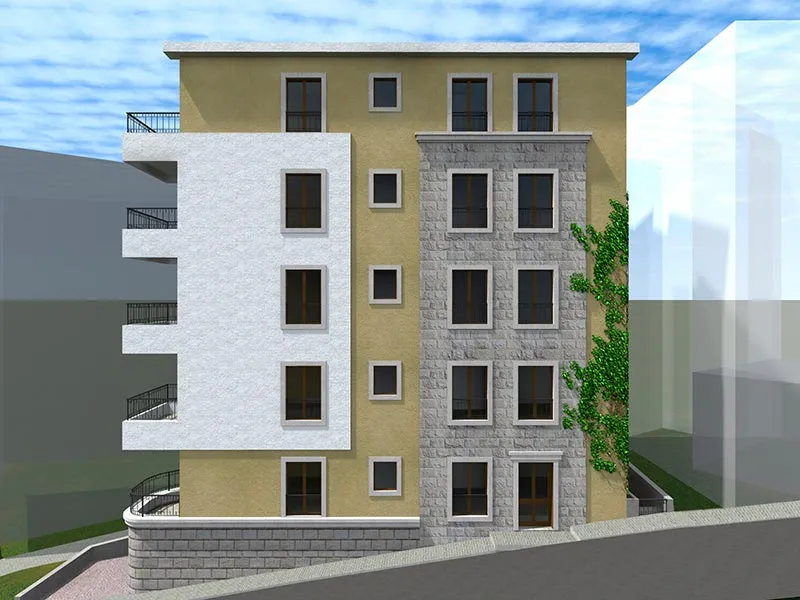Vorderfassade eines mehrstöckigen Gebäudes mit Balkonen, Steinverkleidung und gelb-beigen Wänden.