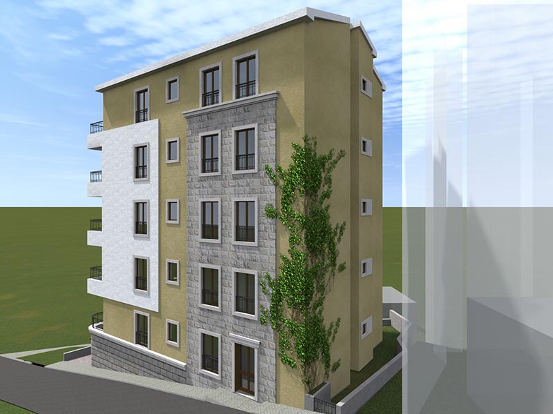 Karadağ, Bečići’de modern bir konut kompleksinin 3D görselleştirmesi: taş kaplamalı ve balkonlu cephe.