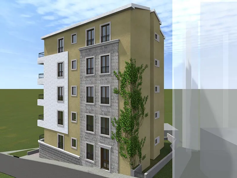 Ein mehrstöckiges Wohngebäude mit Stein- und Putzfassade, Balkonen und Kletterefeu.