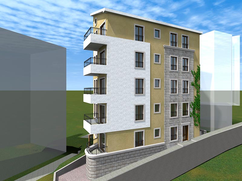 Karadağ, Bečići’de modern bir konut kompleksinin 3D görselleştirmesi: balkonlu ve taş kaplamalı cephe.