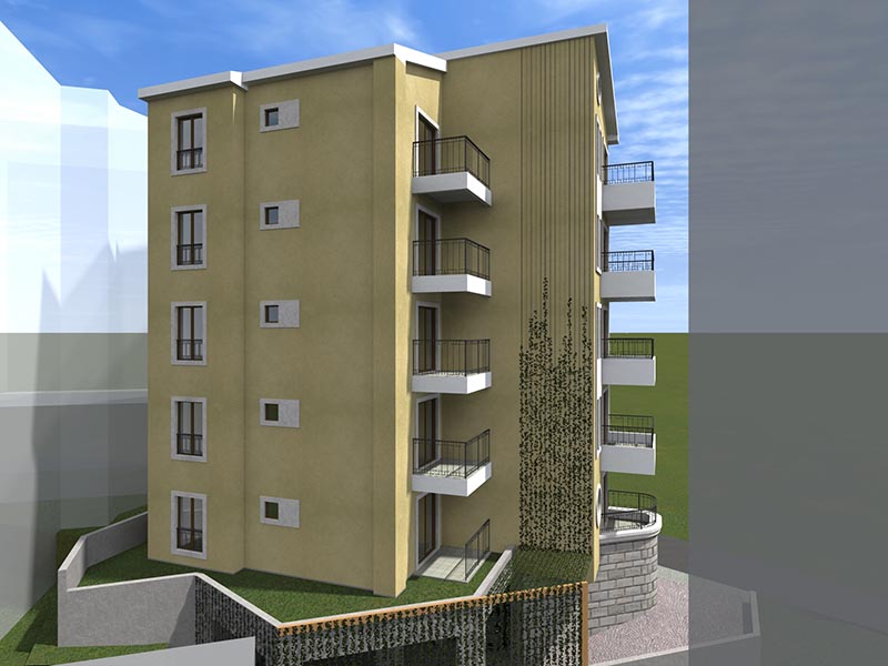 Karadağ, Bečići’de modern bir konut kompleksinin 3D görselleştirmesi: balkonlu ve cephe kaplamalı beş katlı bina.