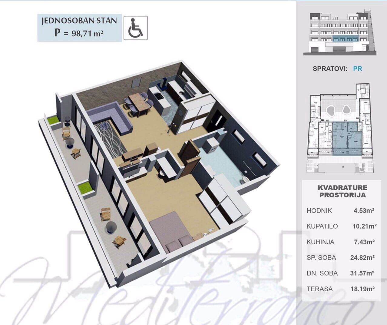 3D floor plan of a 98.71 m² apartment with a terrace in a residential complex in the city of Ulcinj, Montenegro: top view of the interior.