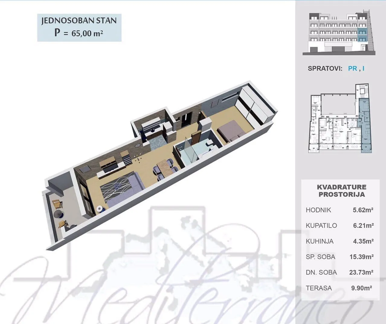 Plan d'étage et visualisation 3D d'un appartement d'une chambre avec superficies.