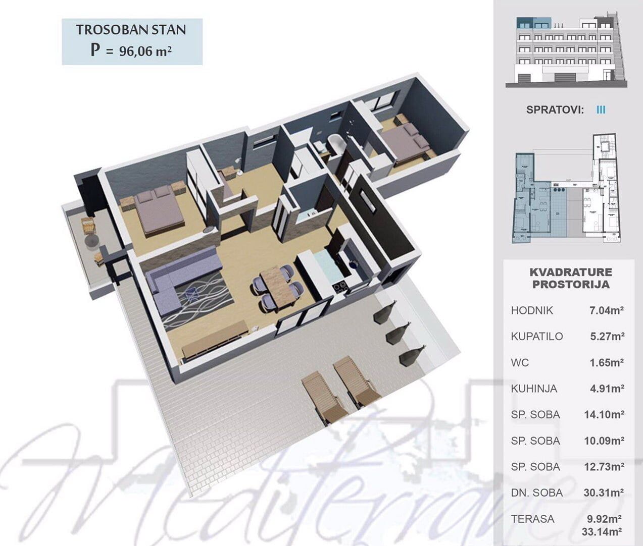 3D floor plan of a three-room apartment of 96 m² with a terrace in a residential complex, Ulcinj, Montenegro.