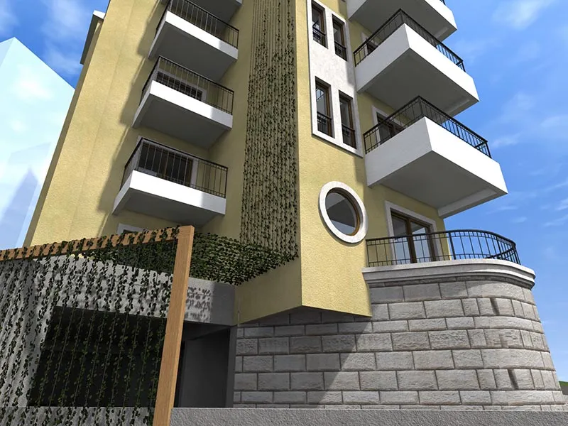 Fassade eines modernen Mehrfamilienhauses mit Balkonen, Steinmauerwerk und Kletterpflanzen.