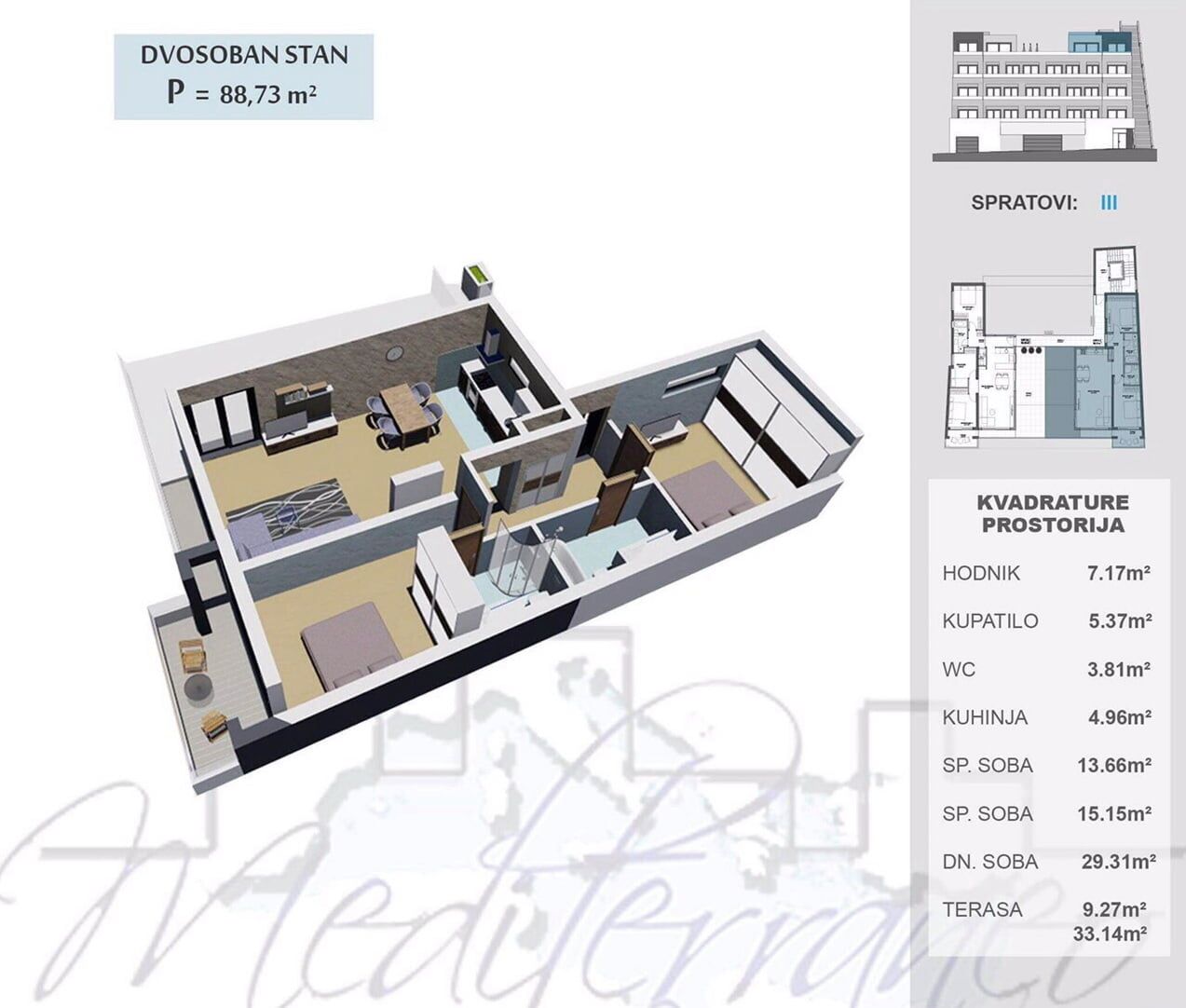 3D floor plan of an 88.73 m² apartment with two bedrooms and a terrace in a residential complex, Ulcinj, Montenegro.