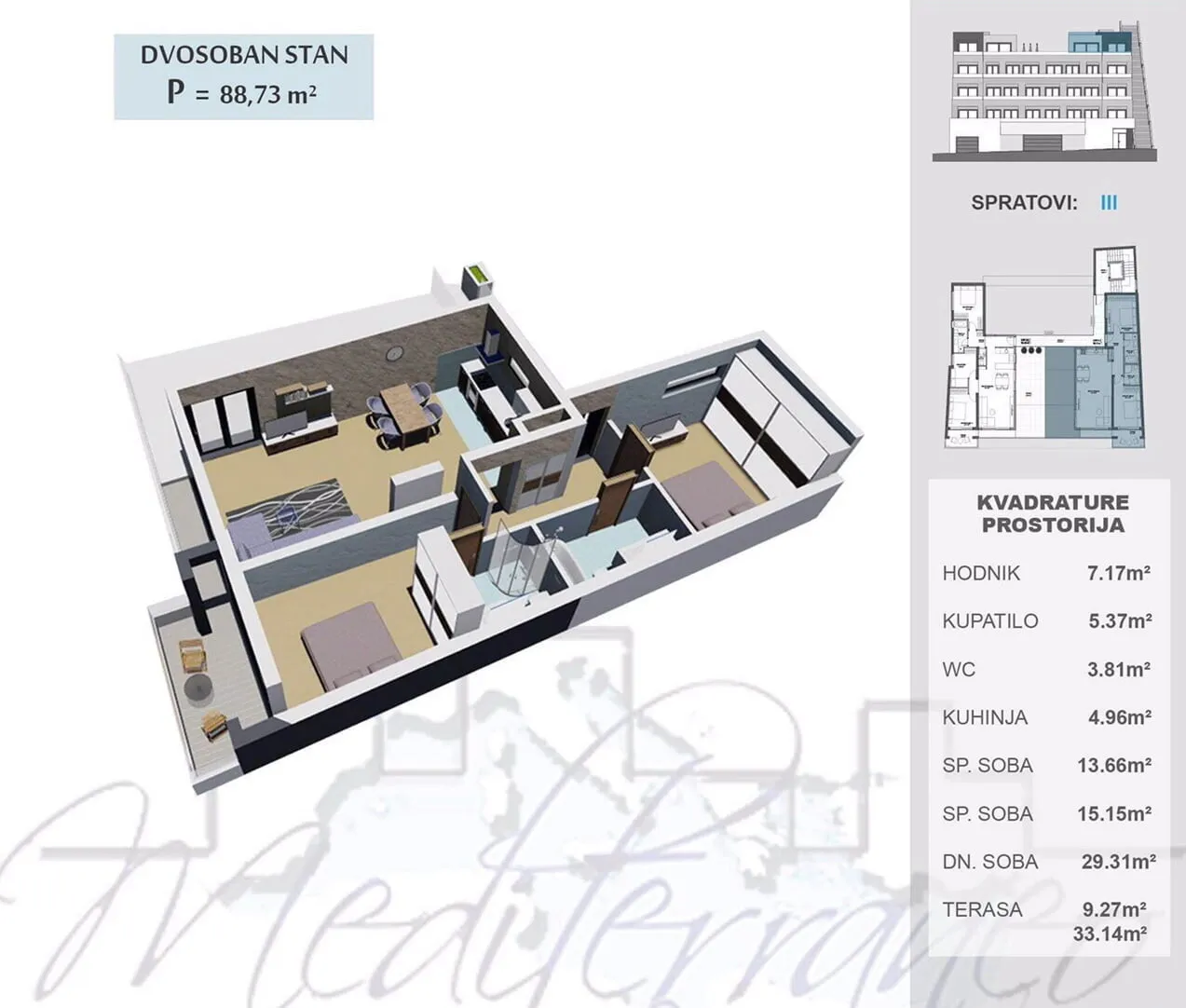 Plan d'un appartement de deux pièces avec visualisation 3D, liste des pièces et contexte du bâtiment.