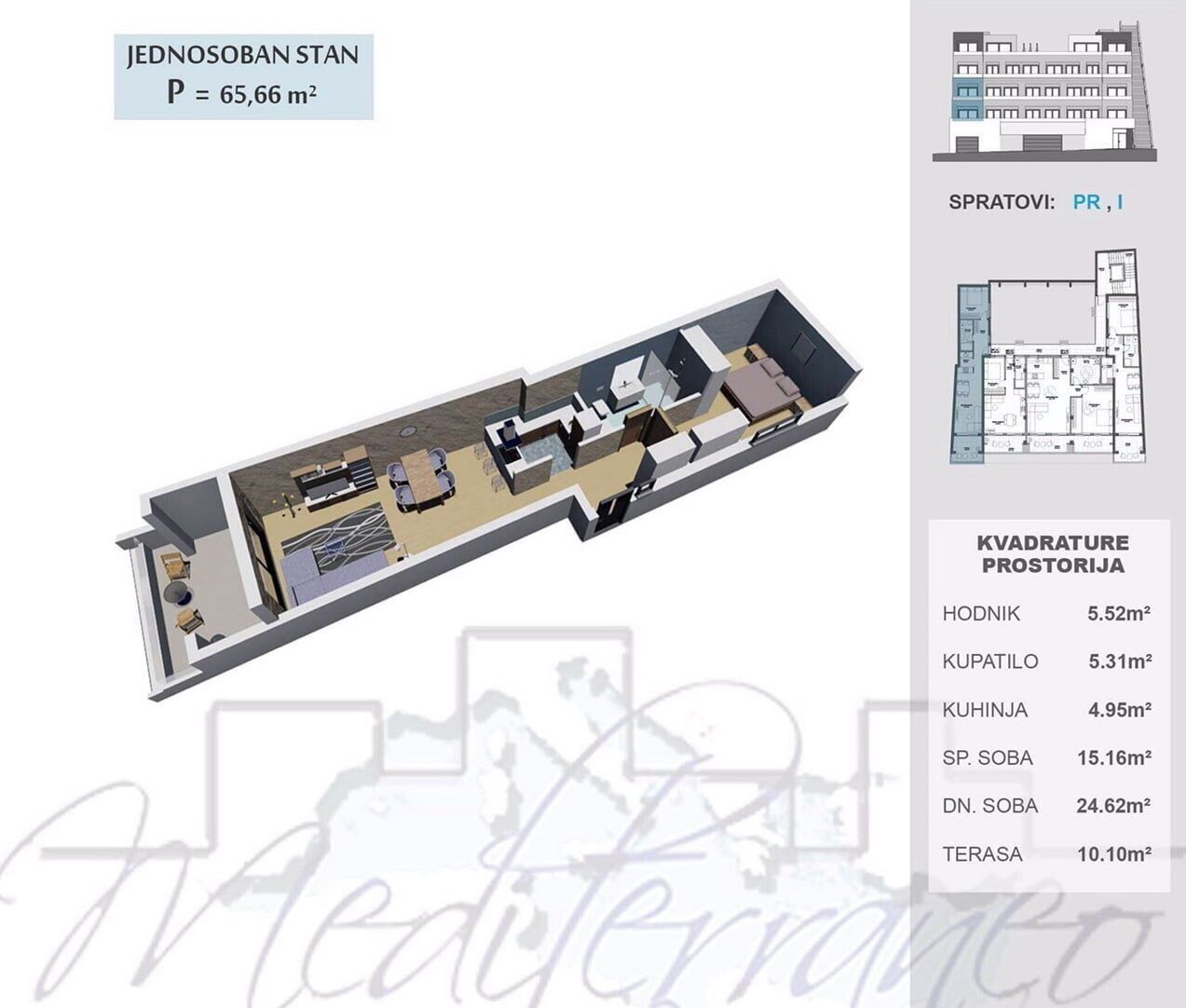 3D floor plan of a one-bedroom apartment of 65.66 m² in a residential complex in Ulcinj, Montenegro: living room, bedroom, and terrace.