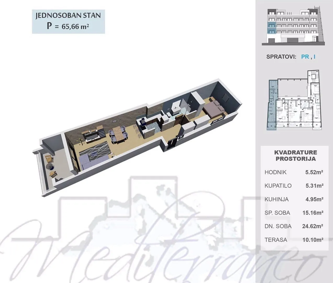 Plan 3D d'un appartement d'une chambre avec terrasse et superficies