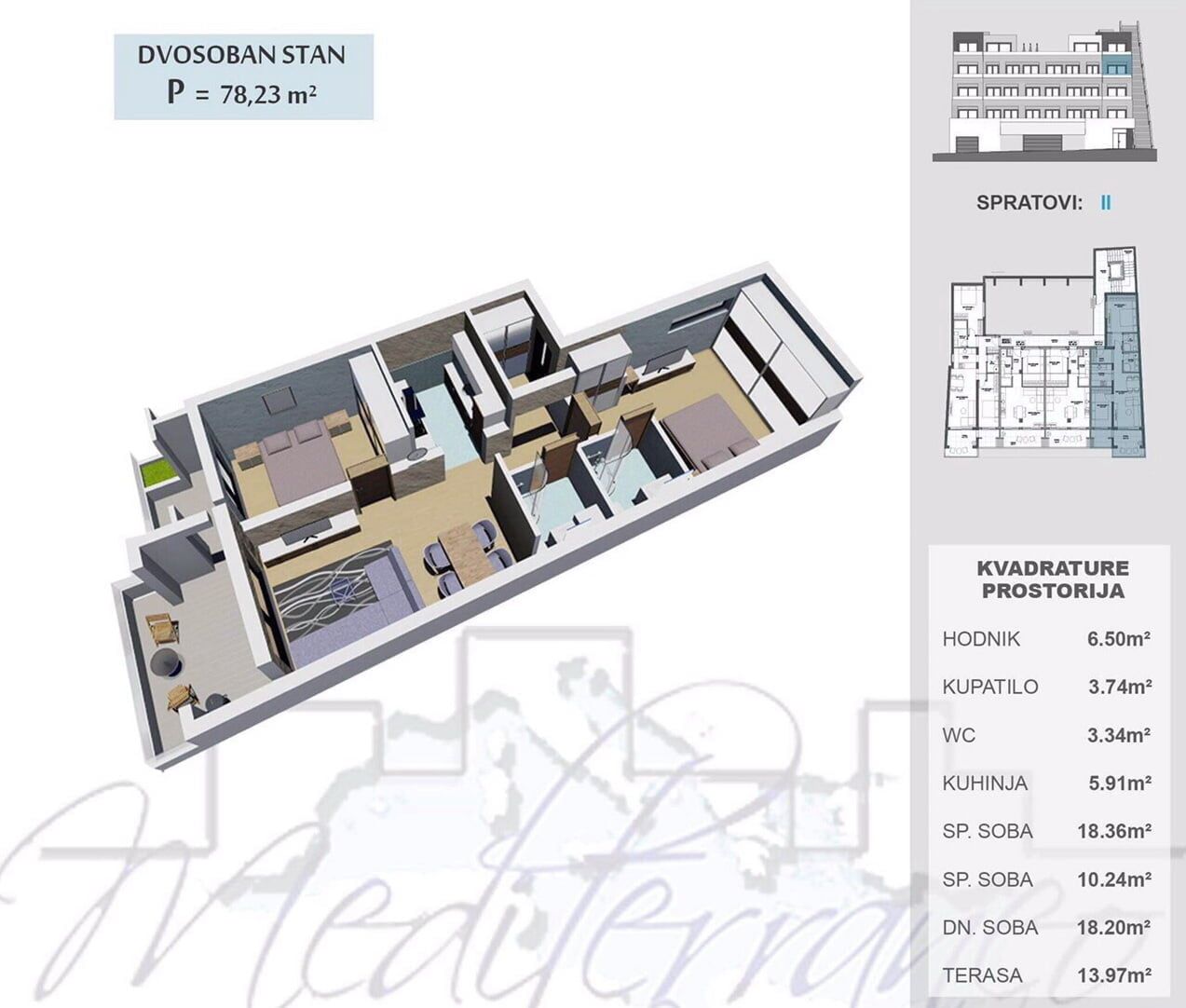 3D floor plan of a 78 m² apartment with two bedrooms and a terrace in a residential complex, Ulcinj, Montenegro.